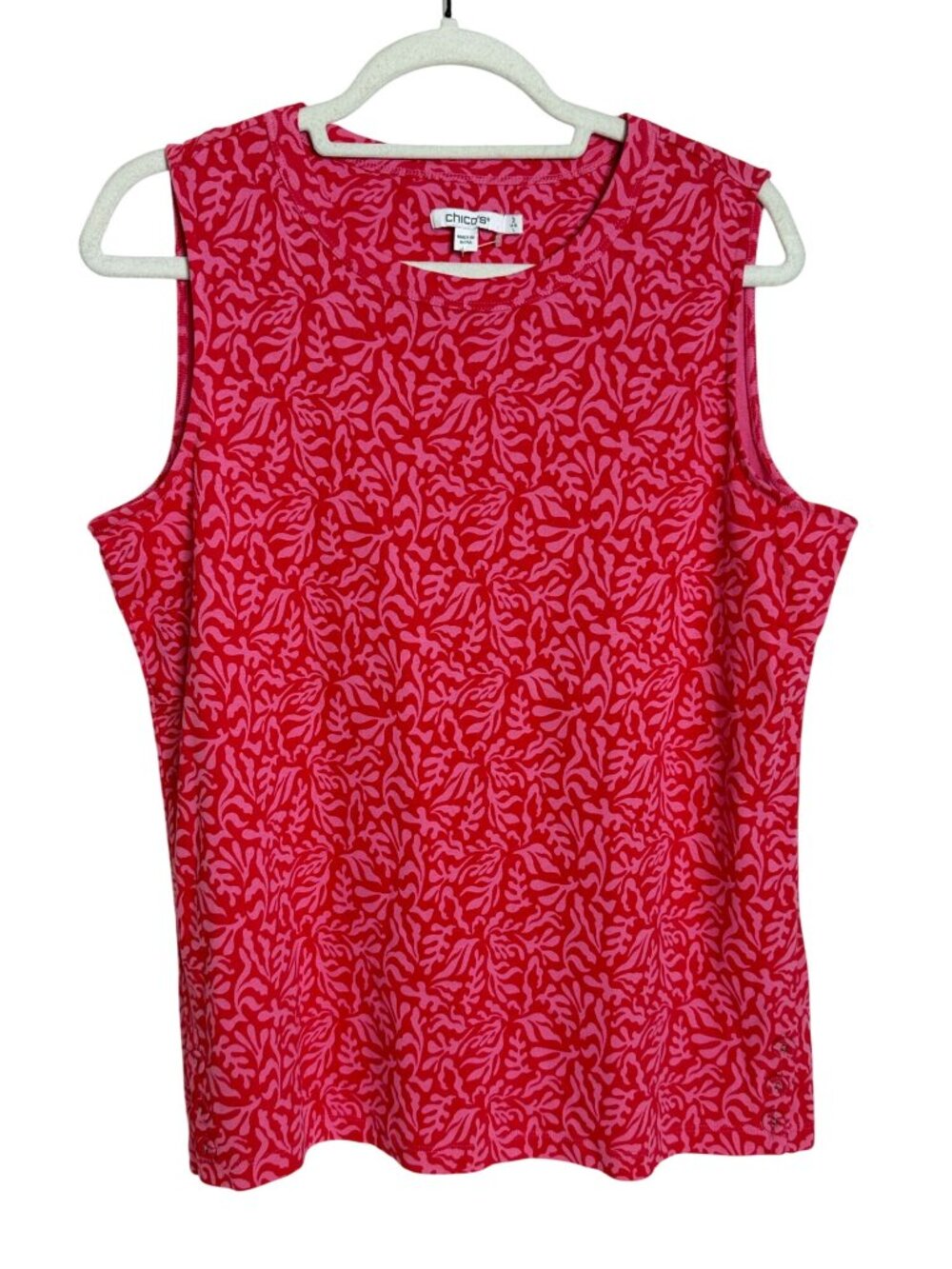 Chicos Womens Size 2 Large Pink Red Leaf Print Sleeveless Cotton Tank Top Casual